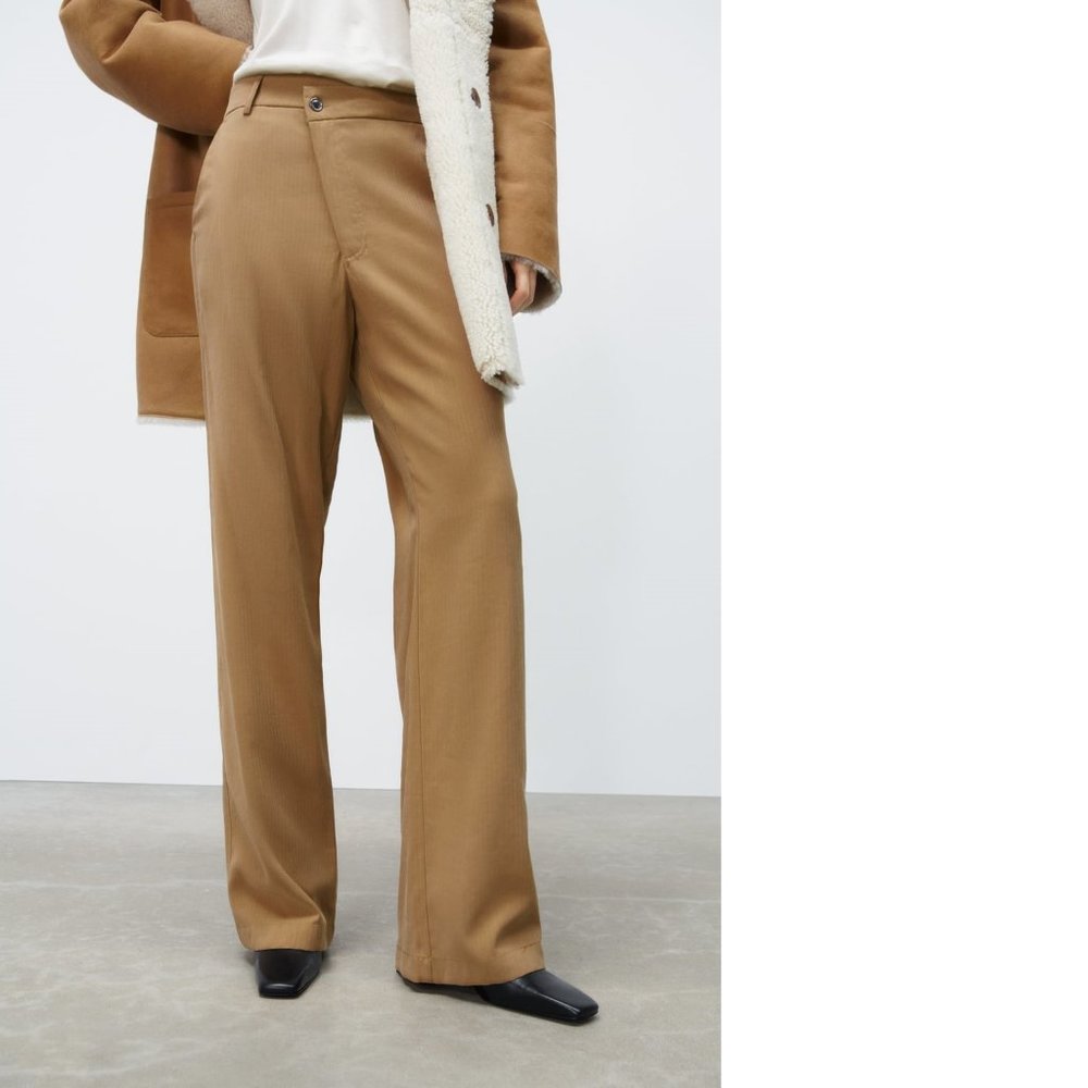 ZARA Women's sz XS Camel Brown High Rise Asymmetrical Front Flowy Wide Leg Pants